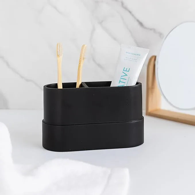 Matte Black Large Toothbrush and Toothpaste Holder and Cup for Bathroom Vanity and Countertop, 2 Compartment Organizer for Electric Toothbrushes, Floss, Razors, Cotton, and Mouthwash - YEW DESIGN - ModernBath