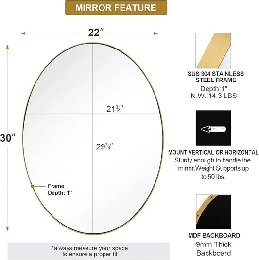 ANDY STAR Gold Oval Mirrors for Bathroom, 22x30 Inch Brushed Gold Stainless Steel Metal Framed Oval Wall Mirror, Modern Vanity Mirror Wall Mount Horizontal or Vertical - ModernBath