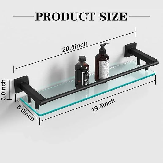 Bathroom Glass Shelf 20IN Rectangular Stainless Steel Tempered Glass Shelves Modern Stainless Steel Wall Mount Bathroom Shelf (Matte Black, 20‘’) - ModernBath