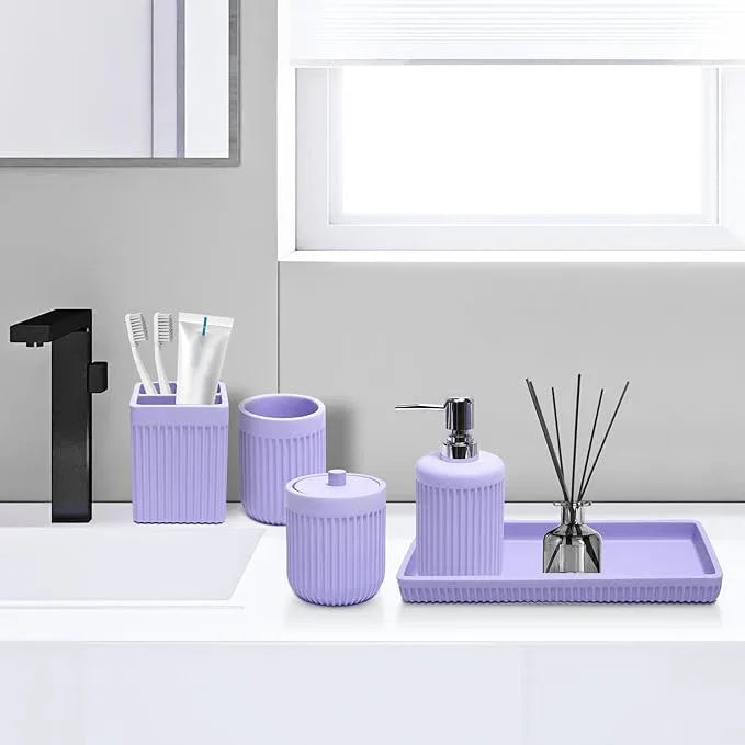 XLHOMO Resin Light Purple Bathroom Accessories Set 5 Pcs, Lotion Soap Dispenser, Toothbrush Holder, Bathroom Tumbler, Qtip Holder and Vanity Tray, Bathroom Countertop Organizer Set for Home Apartment - ModernBath