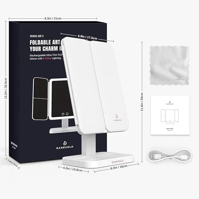 EASEHOLD Vanity Mirror with Lights, 2X 3X Magnification, Trifold, Rechargable, Touch Control - Gifts for Girls & Women - ModernBath