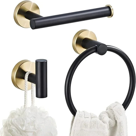 Bathroom Hardware Set 3 Piece Black&Gold Wall Mounted Stainless Steel Hardware Towel Bar Set Gold Bathroom Accessories Towel Rack Set Kit Includes Hand Towel Ring, Toilet Paper Holder, Robe Hook - ModernBath