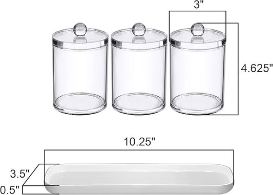 Amazing Abby - Catalina - Clear Acrylic Bathroom Canister with White Tray (4-Piece Set), Plastic Apothecary Jars with Lids, Bathroom Organizers for Q-tips, Cotton Balls, Floss Picks, Sponges, and More