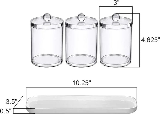 Amazing Abby - Catalina - Clear Acrylic Bathroom Canister with White Tray (4-Piece Set), Plastic Apothecary Jars with Lids, Bathroom Organizers for Q-tips, Cotton Balls, Floss Picks, Sponges, and More - ModernBath