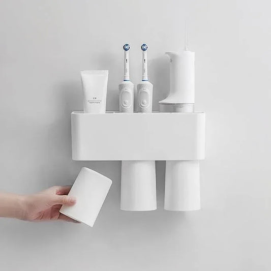 FLAUVEL Wall-Mounted Toothbrush and Toothpaste Holder - Self-Draining Design, Easy Installation, Space-Saving, White (Triple - Three Magnetic Cups) - ModernBath