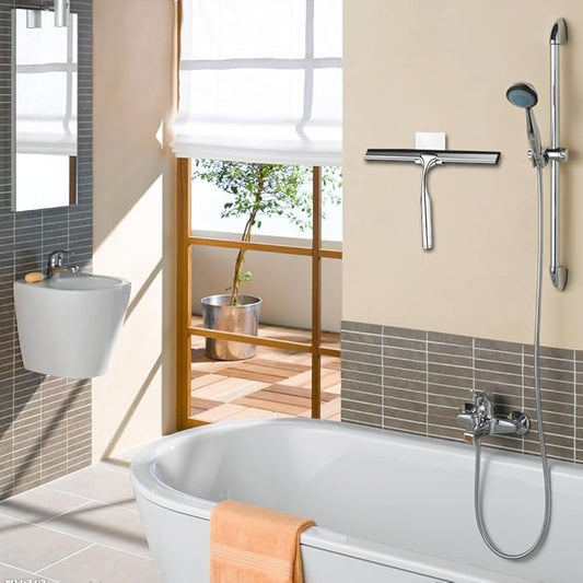 Shower Squeegee for Glass Doors Stainless Steel with Self Adhesive Hook Window Squeegee for Shower Door Bathroom Mirror Wiper, Window Glass Cleaning