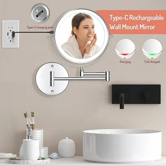 Rocollos Rechargeable Wall Mounted Lighted Makeup Mirror Chrome, 8 Inch Double-Sided LED Vanity Mirror 1X/10X Magnification,3 Color Lights Touch Screen Dimmable 360°Swivel 13 Inch Extendable - ModernBath