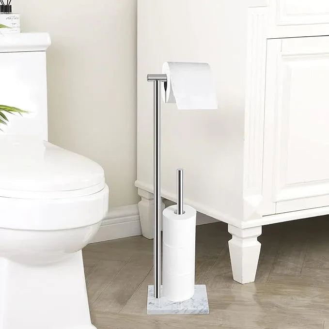 Toilet Paper Holder Stand with Weighted Natural Marble Base, Bathroom Free Standing Toilet Paper Roll Holder with Reserve, Standing Toilet Tissue Holder with Storage (Brushed Nickel, with Storage) - ModernBath