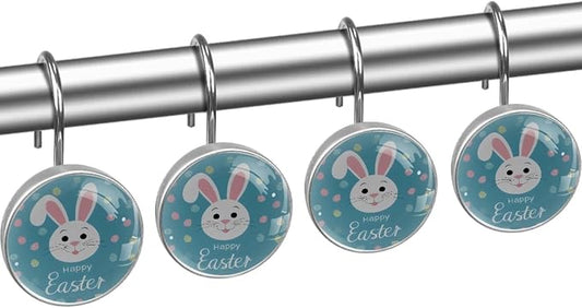 Easter Cute Bunny Rabbit Crystal Glass Shower Curtain Hooks for Bathroom Shower Rod, 12Pcs Round Home Decorative Shower Curtain Rings, Blue Bathroom Bedroom Living Room Accessories