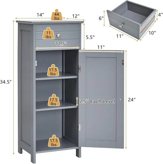 COSTWAY Bathroom Storage Cabinet, Single Door Floor Cabinet with Drawer and 3-Level Adjustable Shelves, Modern Side Storage Organizer with Anti-Tipping Device for Living Room, Bedroom (Gray) - ModernBath