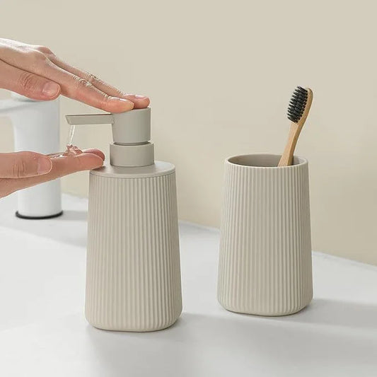 YAUKPH Bathroom Accessories 2 Piece Soap Dispenser and Toothbrush Holder Set Striped Beige - ModernBath