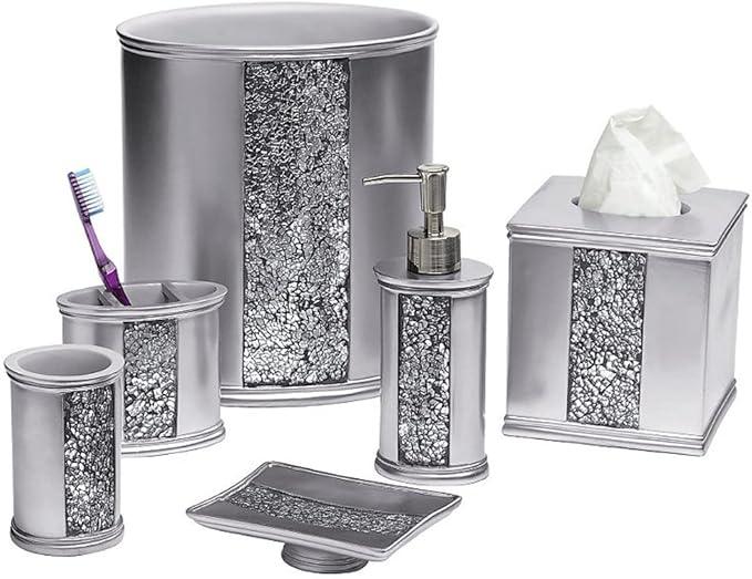 Zahari Home 4pc Sinatra Stylish Bathroom Accessories Set Liquid Soap Dispenser, Tumbler, Tooth Brush Holder and Soap Dish Modern Classic Luxury Decor Bling Mosaic Glass Silver Bathroom Accessories - ModernBath