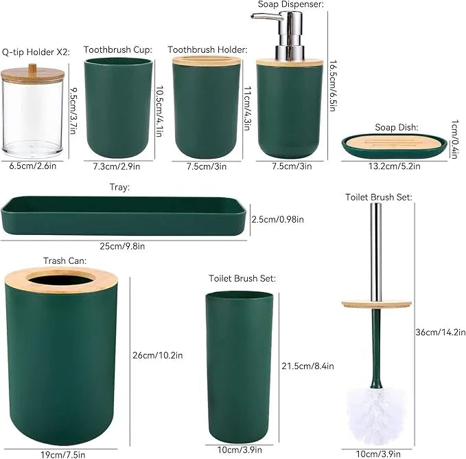 SLDIYWOW 9-Piece Dark Green Bathroom Accessories Set with Trash Can, Tray, Soap Dispenser, Toothbrush Holder, Toothbrush Cup, Soap Dish, Toilet Brush and Q-tip Holders for Bathroom/Housewarming - ModernBath