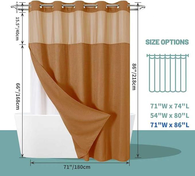 eachope BurntOrange Extra Long No Hook Waffle Weave Shower Curtain with snap-in Liner Replacement, 230GSM Waterproof Fabric Hotel Shower Curtain Set for Bathroom, Through Mesh Top Window,71Wx86H - ModernBath