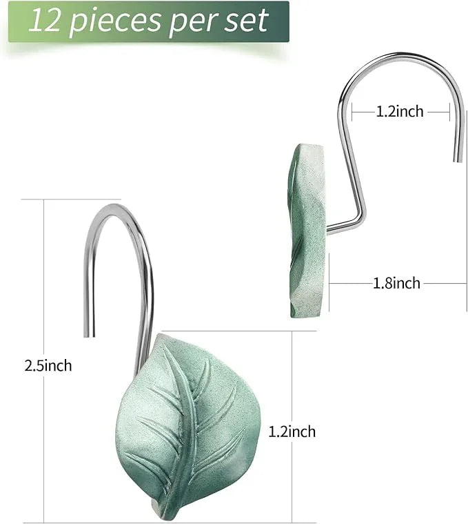 Gibelle 12PCS Leaves Shower Curtain Hooks, Green Plant Decorative Leaf Shower Curtain Hooks Metal Rustproof Cute Eucalyptus Shower Curtain Rings Bathroom Decoration Accessories - ModernBath