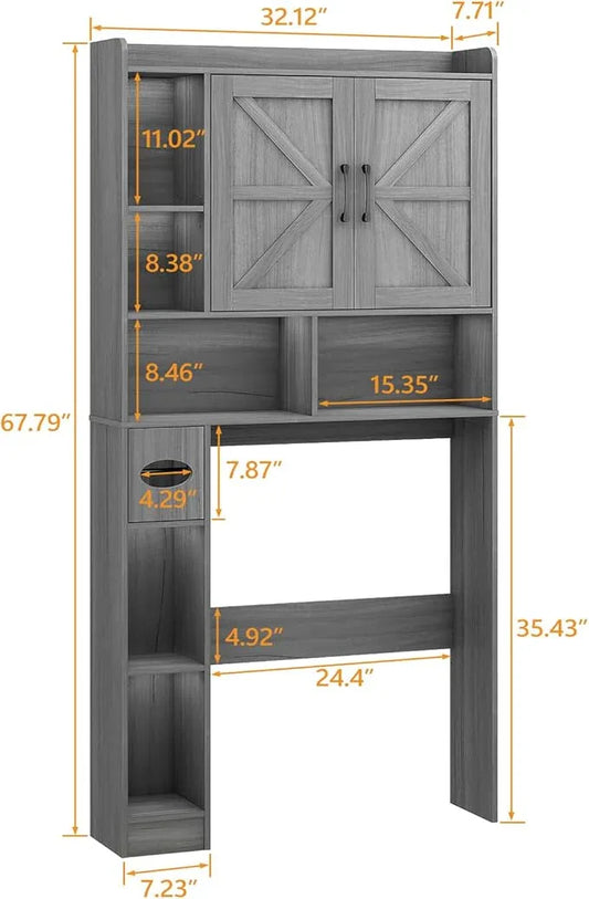 Vabches Over The Toilet Storage Cabinet, Farmhouse Style with 2 Barn Doors, Toilet Paper Holder, Space-Saving for Bathroom & Laundry, Gray - ModernBath