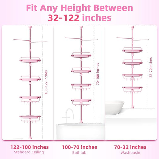 32-122inch Corner Shower Caddy Tension Pole Pink, Rustproof Drill-Free Shower Shelves for Bathroom Bathtub Washbasin, Adjustable Shower Organizer with 4 Tier Patent Stable Shelves & Towel Bars