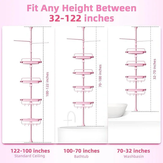 32-122inch Corner Shower Caddy Tension Pole Pink, Rustproof Drill-Free Shower Shelves for Bathroom Bathtub Washbasin, Adjustable Shower Organizer with 4 Tier Patent Stable Shelves & Towel Bars - ModernBath