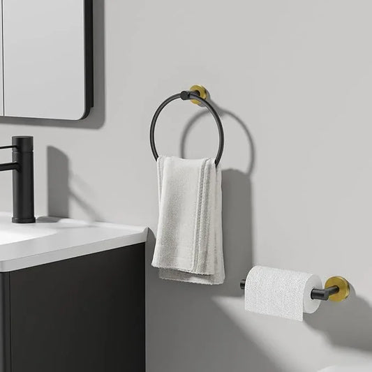 Toilet Paper Holder and Towel Ring Set 2PCS Wall Mount, Black and Gold Bathroom Hardware Set, Stainless Steel Hand Towel Holder Toilet Paper Roll Holder Set, Bathroom Accessories for Bathroom Kitchen - ModernBath