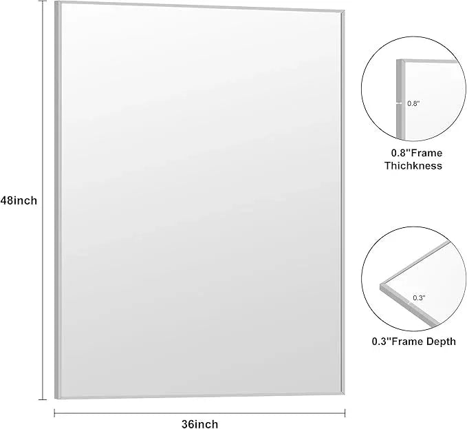 KOCUUY Silver Bathroom Mirror, 48"x36" Large Rectangle Bathroom Mirror for Wall, HD Tempered Glass, Anti-Rust Brushed Silver Frame, Modern Design for Bathroom, Bedroom, Hang Horizontal/Vertical - ModernBath