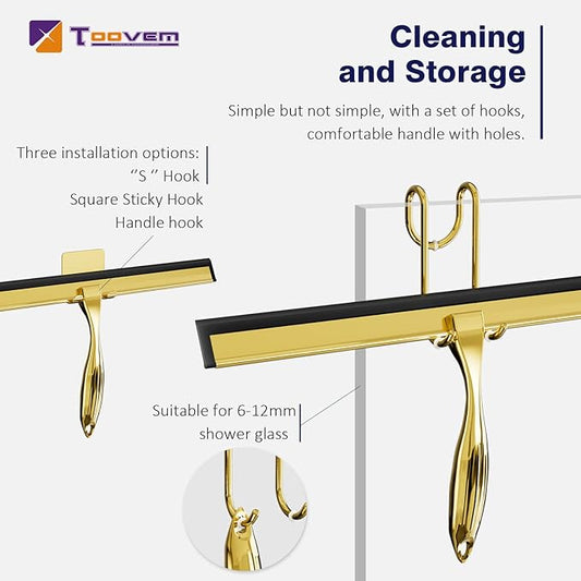TOOVEM 14 Inch Shower Squeegee for Glass Doors, Window, Bathroom, Car Windshield, Shower Cleaning Tools with S Hook, Square Sticky Hook (Gold)
