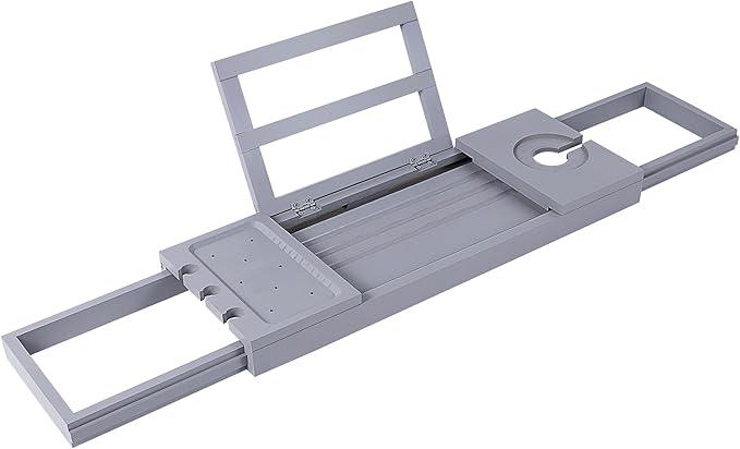 Utoplike Bathtub Tray Caddy Bamboo, Grey Bath Table for Tub Adjustable, Bathroom Organizer with Book Tablet Wine Glass Cup Towel Holder - ModernBath