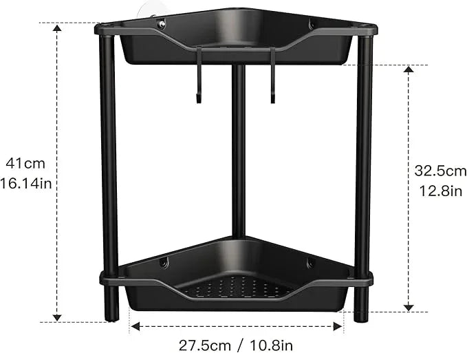 Orimade Rustproof 2 Tier Floor Standing Corner Shower Caddy Organizer, Plastic Metal Splicing Floor Corner Shelf Rack Stands for Bathroom, Black - ModernBath