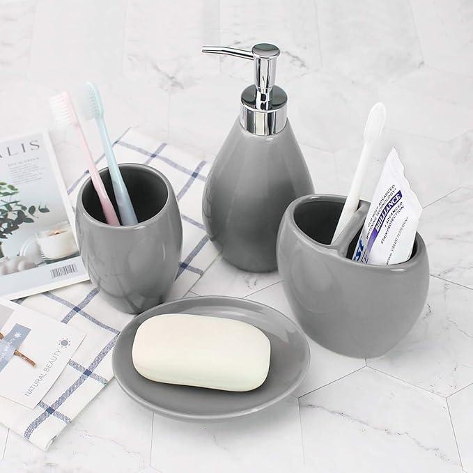 4-Piece Ceramic Bathroom Accessory Set, Bathroom Accessories Set Includes Soap Dispenser, Toothbrush Holder, Tumbler, Soap Dish, Complete Bathroom Ensemble Sets for Bath Decor, Ideas Home Gift - ModernBath