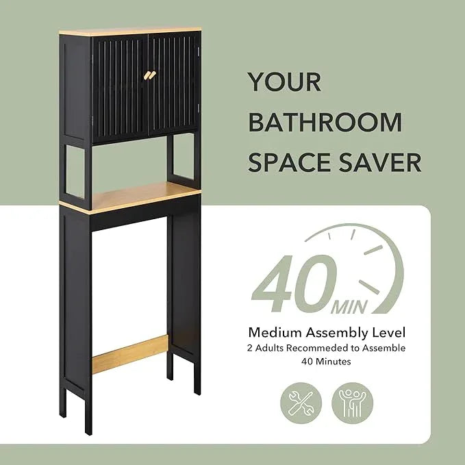 Over The Toilet Storage Cabinet with Breathable Bamboo Doors, 3-Tier Bathroom Organizer Above Toilet, Freestanding Space Saver Rack with Adjustable Bottom Bar & Shelf, 24" x 70", Black & Natural - ModernBath