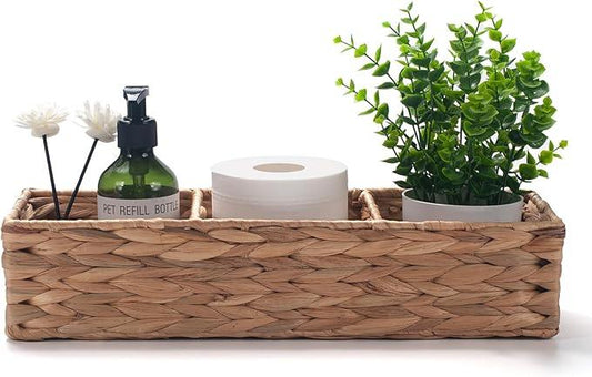 Water Hyacinth Toilet Tank Basket for Toilet Paper Rolls Wicker Baskets for Shelves Tampon Storage for Bathroom 3 Dividers (Large Compartment 16.5inch x 5.5inch x 3.5inch) - ModernBath
