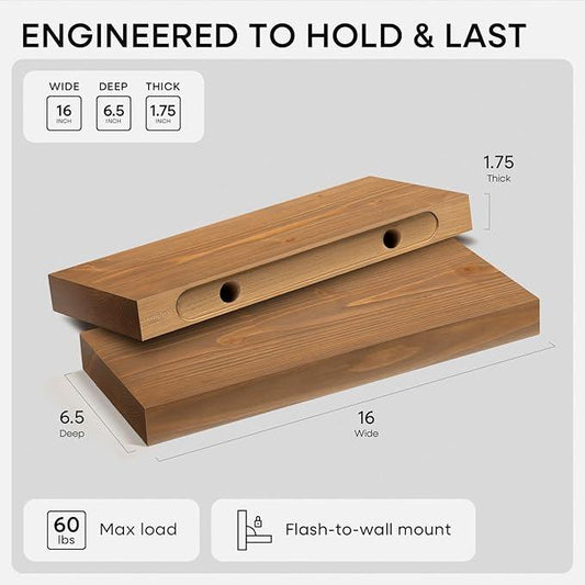 Homeforia 16 inch Golden Oak Floating Shelf, High End Solid Real Wood 16inch Small Floating Shelves for Wall Mounted, Oak Wooden 16in Floating Shelves, Heavy Duty Bracket, 16 X 6.5 X 1.75 in, Set of 2 - ModernBath