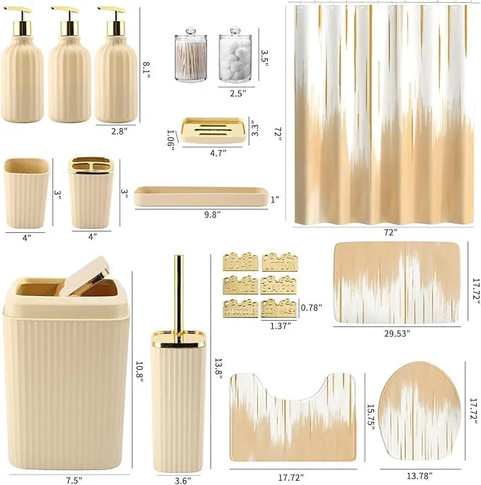 WSBArt 32PCS Bathroom Sets with Shower Curtain and Rugs-Beige Bathroom Accessories,Non Slip Bathroom Rugs Set with Toilet Lid Cover, Waterproof Shower Curtain, 3PC Soap Dispenser with Trash Can - ModernBath