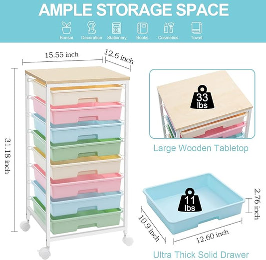 Rolling Storage Cart with Drawers,Utility Cart With 8 Drawers and Wooden Tabletop,Rolling Drawer Cart,Storage Drawer Cart for Living Room,Classroom,Bedroom,Bathroom,Dorm,Office,Rainbow