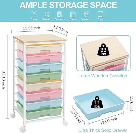 Rolling Storage Cart with Drawers,Utility Cart With 8 Drawers and Wooden Tabletop,Rolling Drawer Cart,Storage Drawer Cart for Living Room,Classroom,Bedroom,Bathroom,Dorm,Office,Rainbow - ModernBath