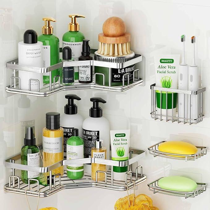 MAXIFFE 5 Pack X-Large Corner Shower Caddy, with Soap Holder and Toothbrush Holder, Large Capacity No Drilling Stainless Steel Hold 40 LB Shower Organizer Shelf Rack for Family Renter Bathroom, Silver - ModernBath