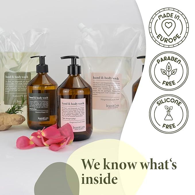 Moisturizing Liquid Hand & Body wash Rosemary Ginger Refill Pack by Jean&Len, silicone and paraben free with natural ingredients, vegan, 50.7 Fl. Oz. - ModernBath