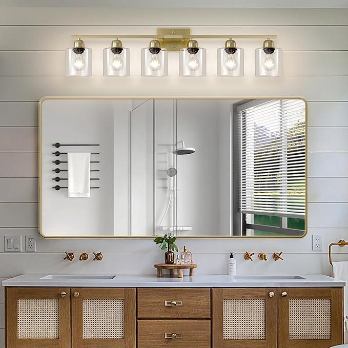 FAISHILAN Modern Brushed Gold 6 Light Bathroom Light Fixtures,38 inch Vanity Lights for Bathroom with Clear Glass, Vanity Light for Mirror Kitchen Living Room Hallway Cabinet Porch - ModernBath