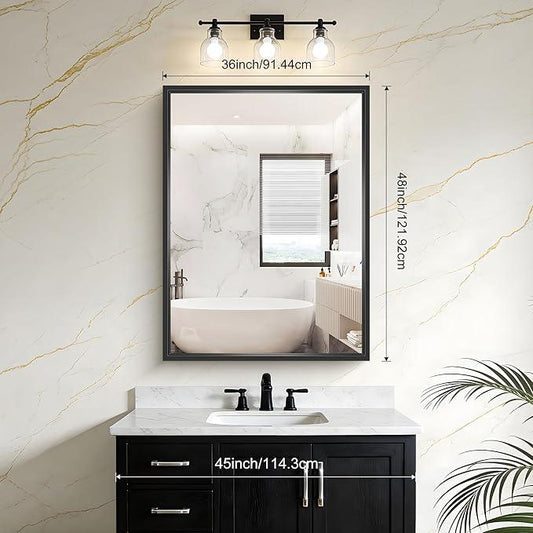 CIVENO Black Bathroom Mirror, 36x48 Inch Large Rectangle Mirror, 0.6" Thickened Deep Frame Mirrors for Wall Over Sink, Brushed, Shatterproof Tempered Glass, Antirust, Horizontally or Vertically - ModernBath