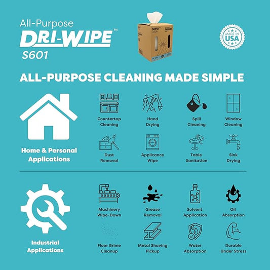 Dri-Wipe S601 by SMPLY Brands – All-Purpose Disposable Cleaning Wipes, 252 Wipes, Strong Alternative to Shop Towels & Paper Towels, 10" x 15" Center-Pull Sheets