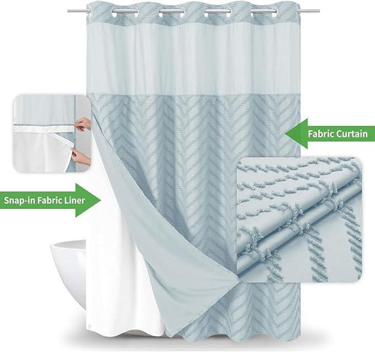eachope No Hook Boho Farmhouse Shower Curtain with Snap-in Fabric Liner set-71Wx74H(72H),Tufted Chevron Striped Hotel Grade Cloth Shower Curtains for Bathroom with Window,Water Repellent,Fog Blue - ModernBath