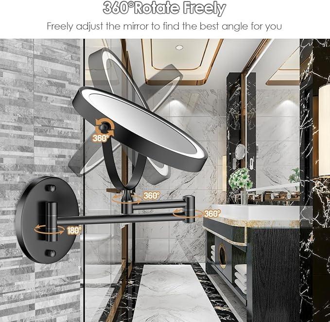 Rocollos 9" Wall Mounted Lighted Makeup Mirror, Large Double Sided 1X/10X Magnifying Mirror, 3 Color LED Vanity Mirror, Touch Dimmable 360° Swivel Light Up for Bathroom - ModernBath