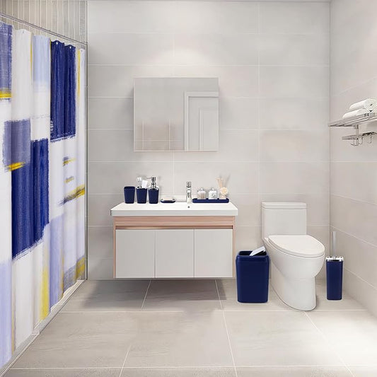 XLHOMO Blue Bathroom Accessories Set, Bathroom Sets with Shower Curtain, Navy Blue Bathroom Accessories with Trash Can, Soap Dispenser, Soap Dish, Toilet Brush Holder, Qtip Holders for Bathroom