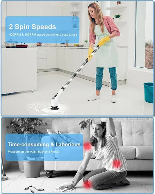 Leebein Electric Spin Scrubber, Cordless Cleaning Brush with 8 Replaceable Brush Heads, Tub and Floor Tile 360 Power Scrubber Dual Speed with Adjustable & Detachable Handle for Bathroom Kitchen Car - ModernBath