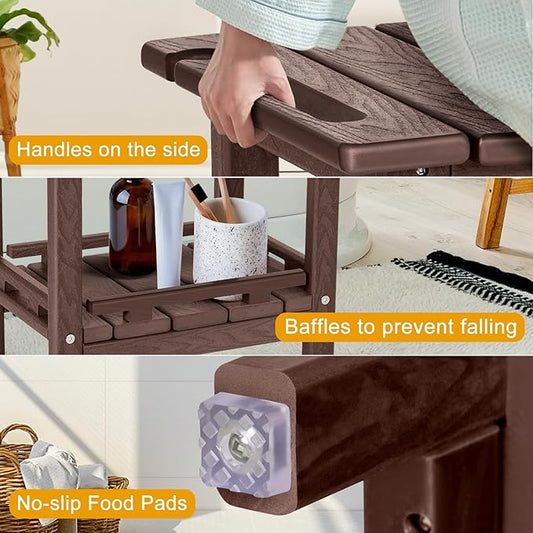 nalone Shower Bench, HDPE Shower Benches for Inside Shower, Small Shower Chair Seat for Shaving Legs with Storage Shelf & Handles, Indoor and Outdoor Use (Wood)