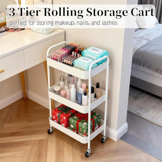 Metal 3 Tier Rolling Cart with Wheels for Kitchen Storage & Laundry Room Organization, Bedside Cart with Handle and 4 Hooks, Versatile Large Capacity Art & Craft Storage Organizer, White
