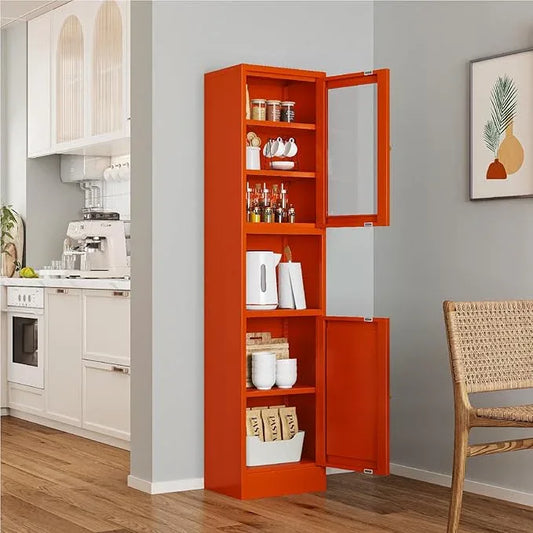 Metal Bathroom Storage Cabinet, 67" Tall Narrow Freestanding Floor Cabinet with Adjustable Shelves and Open Compartment, Slim Metal Locker for Laundry, Kitchen, Dining Room - ModernBath