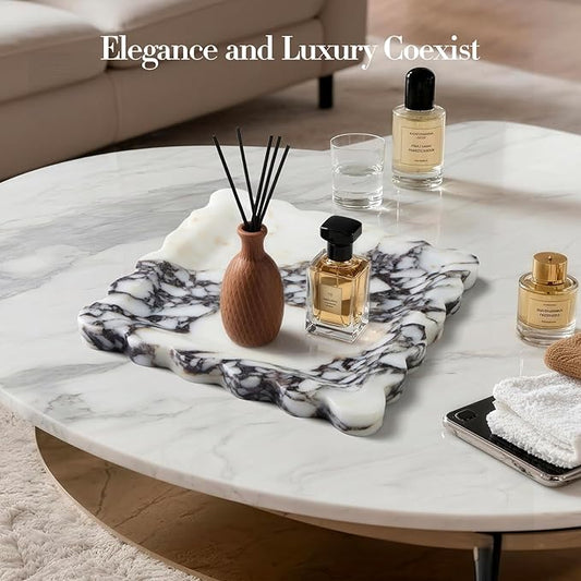 SAMAH Calacatta Viola Natural Marble Tray, Scalloped Storage Dish, Luxury Decorative Trays for Bathroom, Vanity, Dresser, Kitchen & Home Decor, House Warming Gifts New Home (Square,8 Inch)