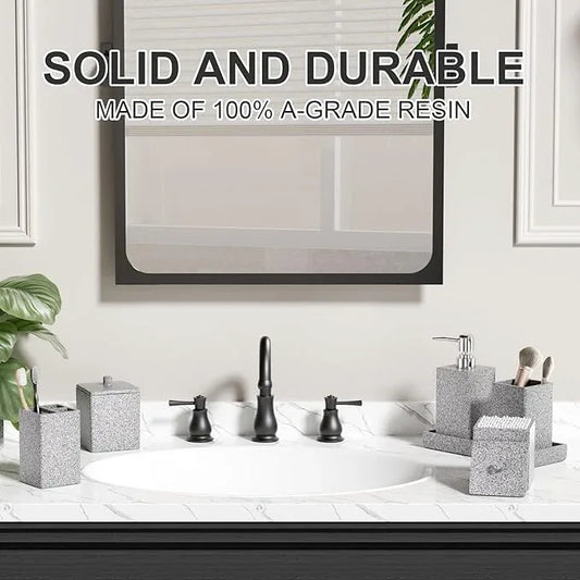 Gray Bathroom Accessories Set Resin 6PCS, Square Toothbrush Holders Set Complete with Soap Dispenser, Vanity Tray, Tumbler, Cups and Cotton Swab Jars for Counter, Sink or Small Spaces - ModernBath