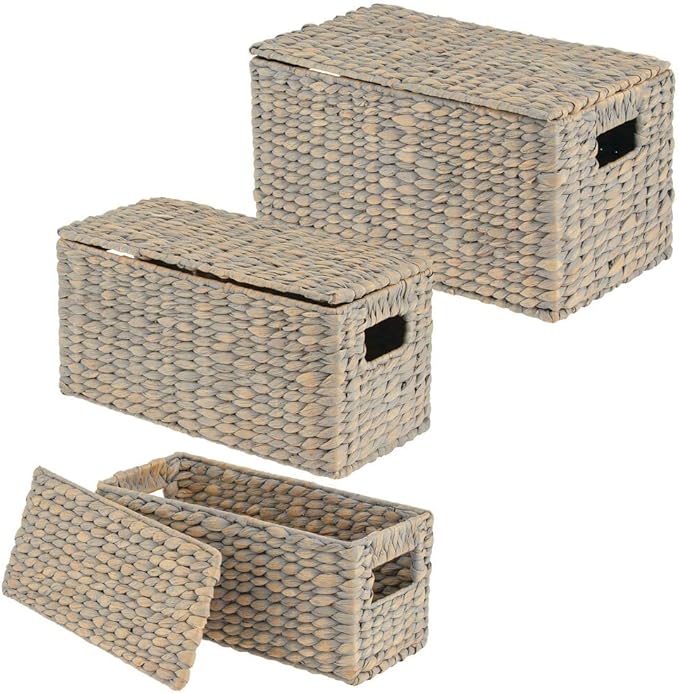 mDesign Woven Water Hyacinth Rectangle Storage Organizer Basket Bin with Topper Lid and Handles - Natural Farmhouse Holder Containers for Closet, Bedroom, Bathroom, Office - Set of 3 - Gray