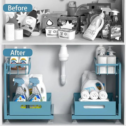 Under Sink Organizer Storage 2-Tier Premium Metal Pull-Out Racks, Height Adjustable, Heavy Dut and Easy Installation for Kitchen & Bathroom Organizers 1 Pack Teal - ModernBath